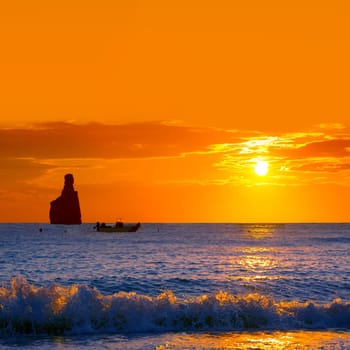 Ibiza Cala Benirras sunset beach in san Juan at Balearic Islands Spain
