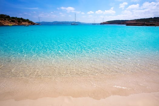 Ibiza Cala Bassa beach with turquoise Mediterranean sea at Balearic Islands