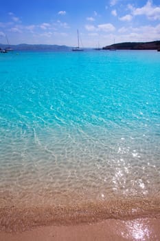 Ibiza Cala Bassa beach with turquoise Mediterranean sea at Balearic Islands