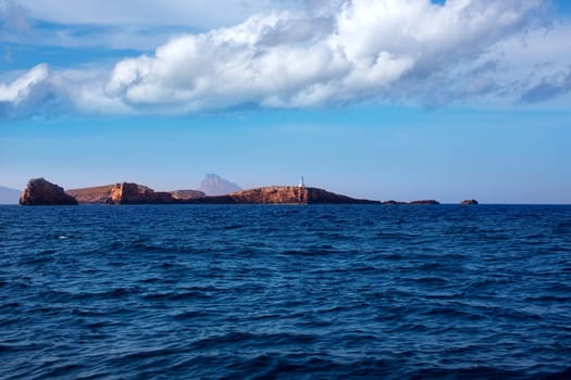 Ibiza Islas bledas Bledes islands with lighthouse from Mediterranean sea of Balearic Islands