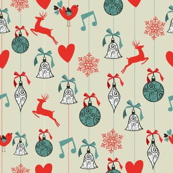 Merry Christmas decoration reindeer and ribbon baubles seamless pattern background. Vector file organized in layers for easy editing.