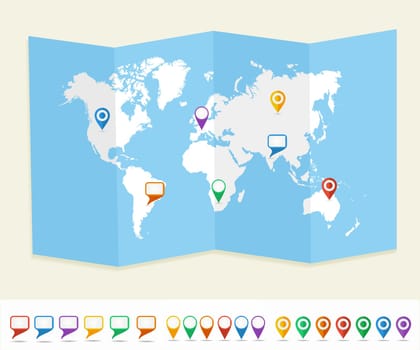 World map with GPS location pins and social media speech bubbles travel Earth brochure. EPS10 vector file organized in layersa for easy editing.