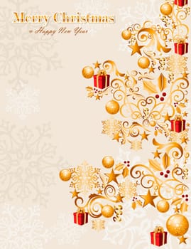 Luxury Merry Christmas gold tree elements and snowflakes background. EPS10 vector file organized in layers for easy editing.