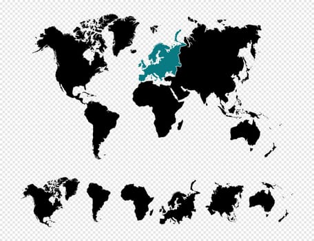 Black silhouette isolated World map focused in europe and other continents. EPS10 vector file organized in layers for easy editing.