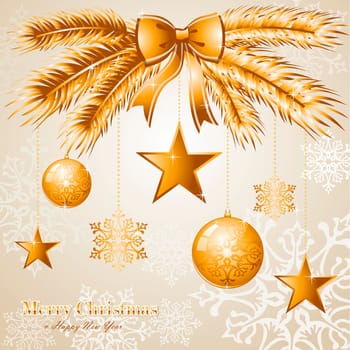 Luxury Merry Christmas gold ribbon elements and snowflakes background. EPS10 vector file organized in layers for easy editing.