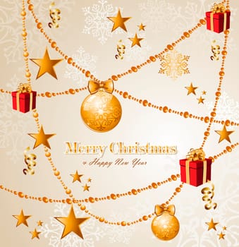 Luxury Merry Christmas gold baubles and garlands background. EPS10 vector file organized in layers for easy editing.