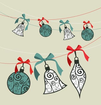Merry Christmas decoration ribbon baubles composition. Vector file organized in layers for easy editing.
