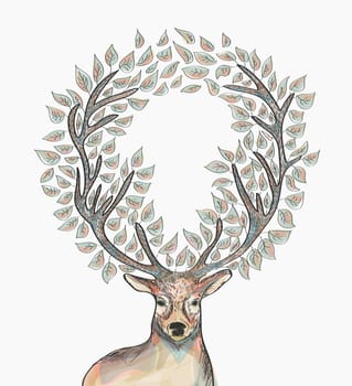 Trendy hipster reindeer with circle leaves Merry Christmas composition. EPS10 vector file with transparency for easy editing.