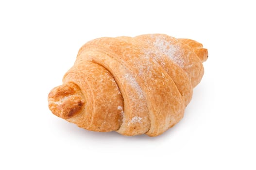 Single fresh croissant, casting soft whadow on white.