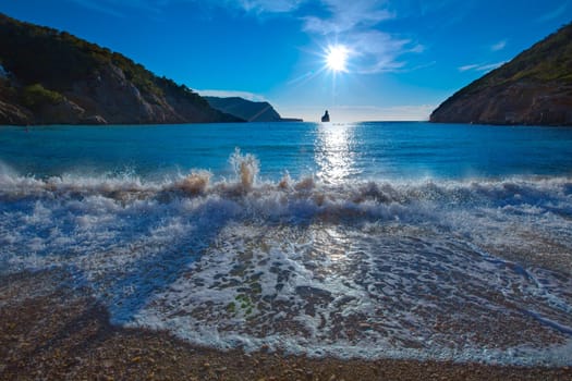 Ibiza Cala Benirras sunset beach in san Juan at Balearic Islands Spain