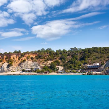 Ibiza Cala dHort d Hort view from boat in Balearic Islands