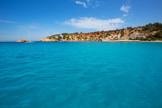 Ibiza Cala dHort d Hort view from boat in Balearic Islands