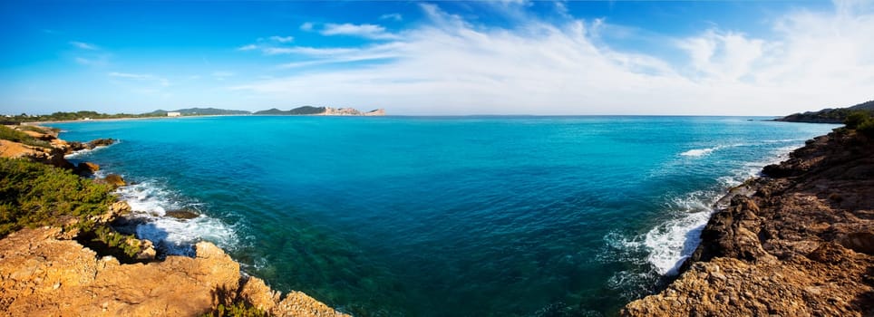 Ibiza Platja des Codolar and Cap des Falco at Balearic islands of Spain