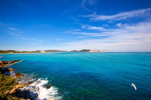 Ibiza Platja des Codolar and Cap des Falco at Balearic islands of Spain
