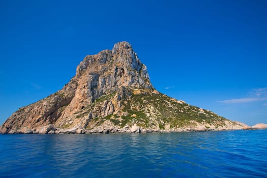 Es Vedra island of Ibiza close view from boat in Mediterranean Balearic Islands