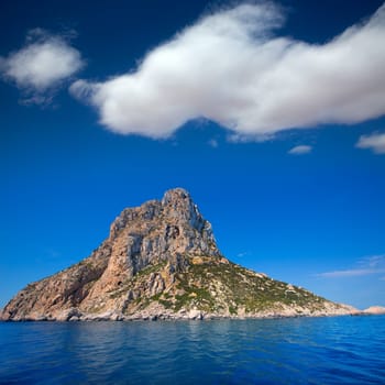 Es Vedra island of Ibiza close view from boat in Mediterranean Balearic Islands