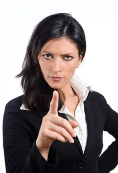 Funny image of young business woman. Isolated on white background