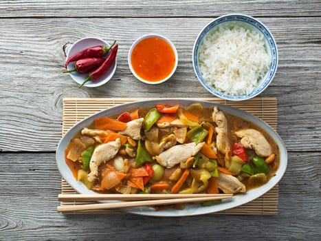 Chinese food, chicken chop suey overhead shoot