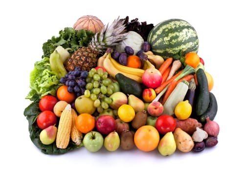 Collection of vegetables and fruits isolated on white background.