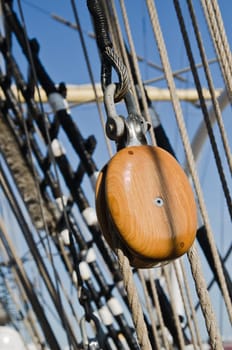 Blocks and rigging at the old sailboat, close-up