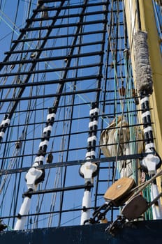 Blocks and rigging at the old sailboat, close-up