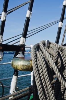 The ropes braided in bays on an ancient sailing vessel