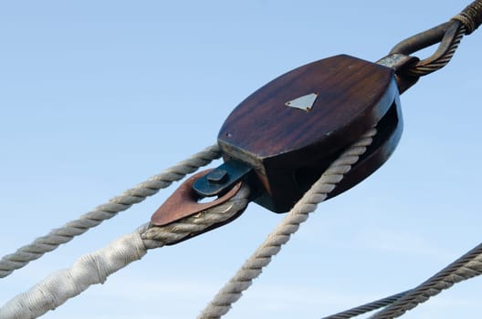 Blocks and rigging at the old sailboat, close-up