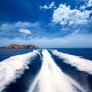 Ibiza Sa Conillera island from boat wake way to San Antonio at Balearic Islands