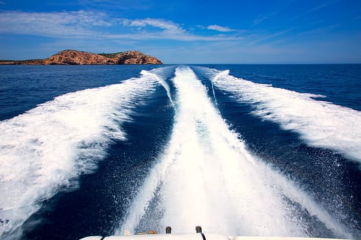Ibiza Sa Conillera island from boat wake way to San Antonio at Balearic Islands