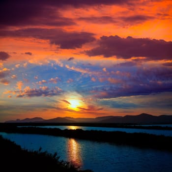 Ibiza ses Salines saltworks at sunset in Sant Josep at Balearic Islands of Spain