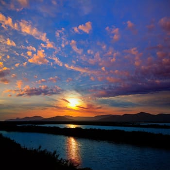 Ibiza ses Salines saltworks at sunset in Sant Josep at Balearic Islands of Spain
