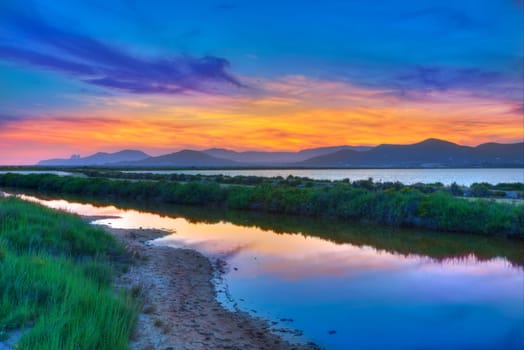 Ibiza ses Salines saltworks at sunset in Sant Josep at Balearic Islands of Spain