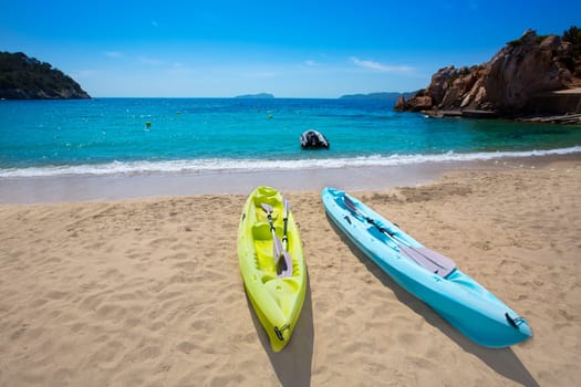 Ibiza cala Sant Vicent beach with Kayaks san Juan at Balearic Islands of spain
