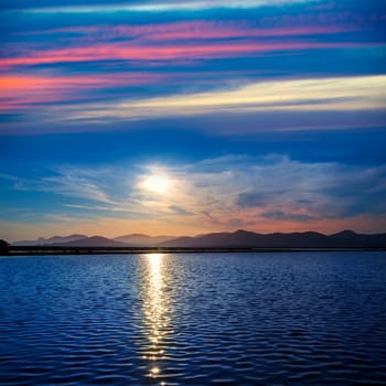 Ibiza ses Salines saltworks at sunset in Sant Josep at Balearic Islands of Spain