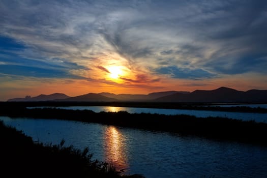Ibiza ses Salines saltworks at sunset in Sant Josep at Balearic Islands of Spain