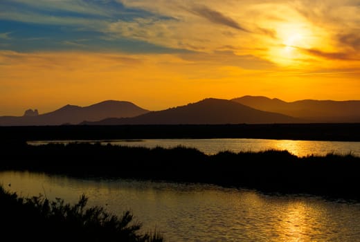 Ibiza ses Salines saltworks at sunset in Sant Josep at Balearic Islands of Spain