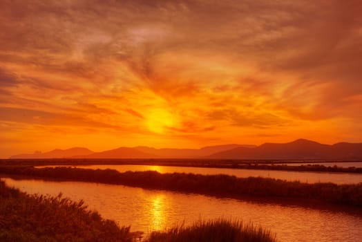 Ibiza ses Salines saltworks at sunset in Sant Josep at Balearic Islands of Spain
