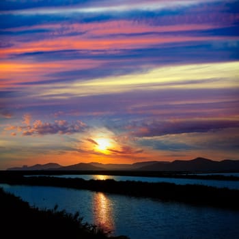 Ibiza ses Salines saltworks at sunset in Sant Josep at Balearic Islands of Spain