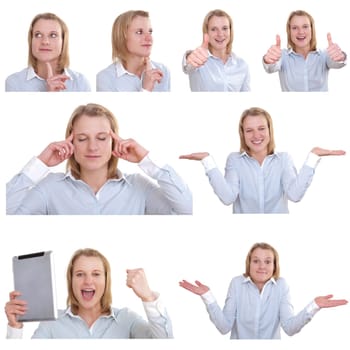 Collage of a young woman depicting various gestures and facial expressions