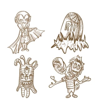 Halloween Monsters isolated spooky hand drawn classic creatures set. EPS10 vector file organized in layers for easy editing.