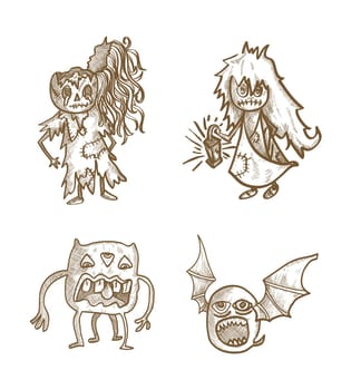 Halloween Monsters isolated spooky hand drawn classic creatures set. EPS10 vector file organized in layers for easy editing.