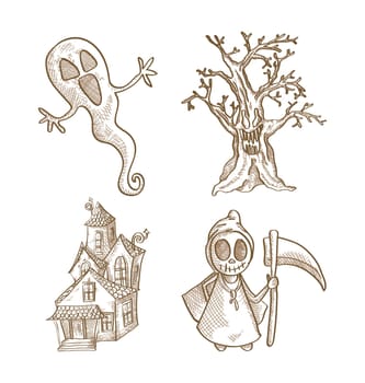 Halloween classic monsters isolated spooky hand drawn freak creatures set. EPS10 vector file organized in layers for easy editing.