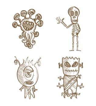 Halloween Monsters isolated spooky hand drawn freak creatures set. EPS10 vector file organized in layers for easy editing.