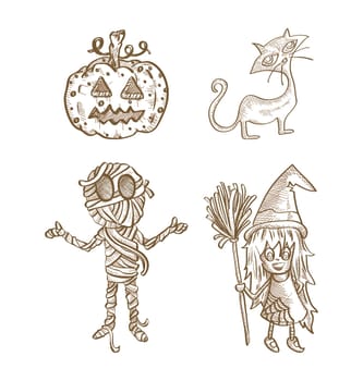 Halloween classic monsters isolated spooky hand drawn freak creatures set. EPS10 vector file organized in layers for easy editing.