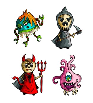 Halloween Monsters isolated spooky hand drawn creatures set. EPS10 vector file organized in layers for easy editing.