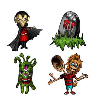 Halloween Monsters isolated spooky hand drawn freak creatures set. EPS10 vector file organized in layers for easy editing.