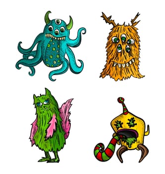 Halloween Monsters isolated spooky hand drawn weird freak creatures set. EPS10 vector file organized in layers for easy editing.