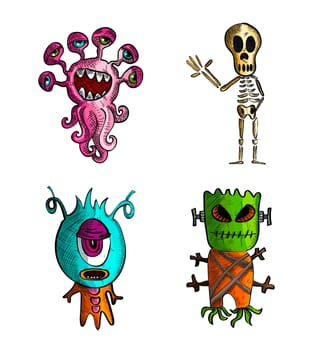 Halloween Monsters isolated spooky hand drawn creatures set. EPS10 vector file organized in layers for easy editing.