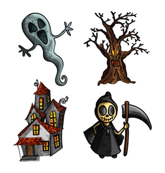 Halloween Monsters isolated spooky hand drawn haunted creatures set. EPS10 vector file organized in layers for easy editing.