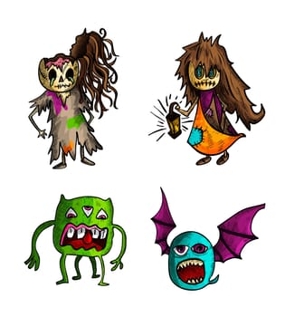 Halloween Monsters isolated spooky hand drawn freaky weird creatures set. EPS10 vector file organized in layers for easy editing.